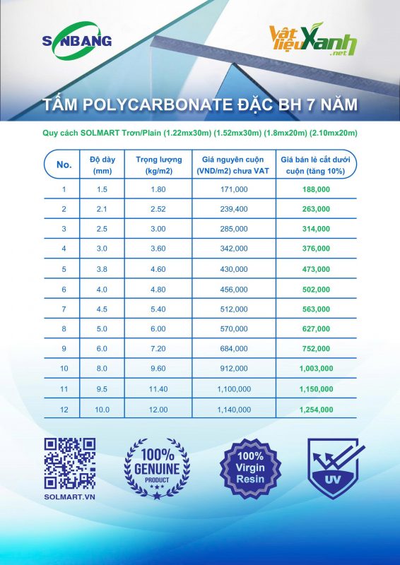 bang gia tam polycarbonate SolMart moi nhat bảng giá tấm polycarbonate SolMart mới nhất