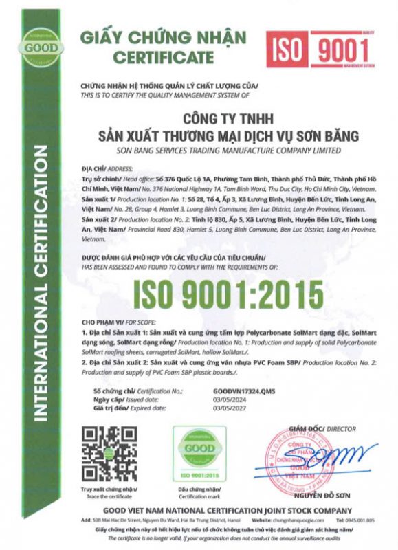 Chứng nhận ISO9001:2015 polycarbonate Solmart của Công ty Sơn Băng