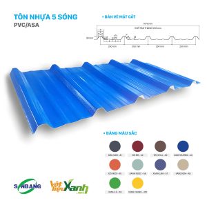 Tôn nhựa PVC 5 sóng phủ ASA chống ăn mòn kháng hóa chất