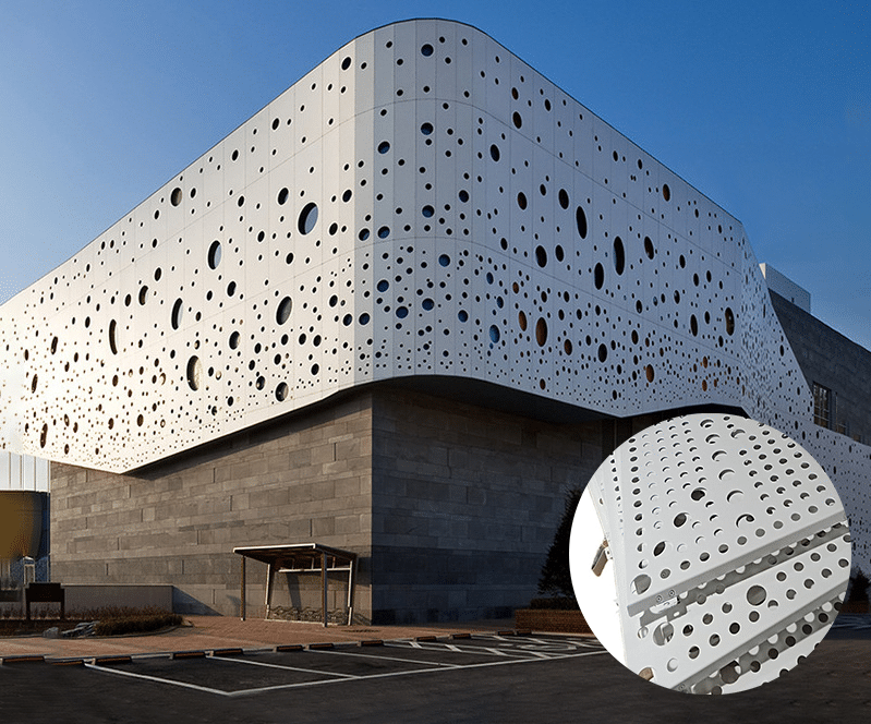 ung dung cua Alu e1758073979705 Tấm Alu được thiết kế đục lỗ tạo kiến trúc đặc biệt cho tòa nhà