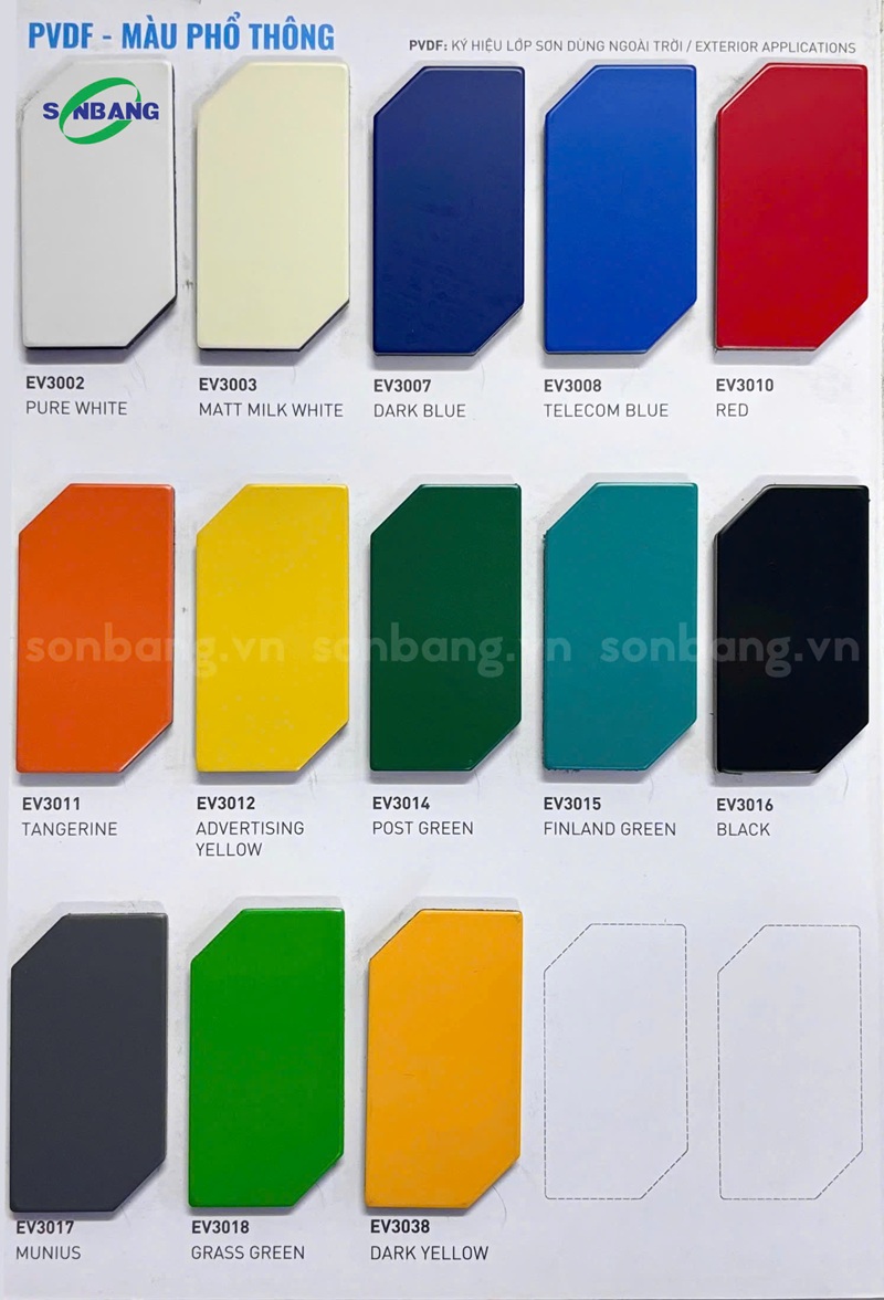 Bảng màu tấm aluminium PVDF phổ thông
