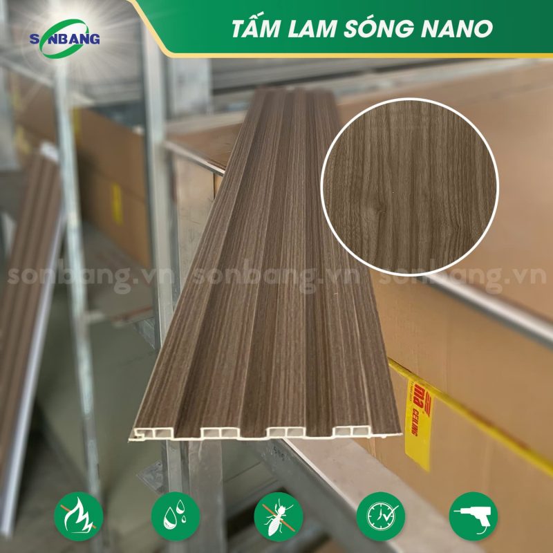 Tấm lam sóng nhựa nano vân gỗ 4 sóng ốp tường, ốp trần SOL-13