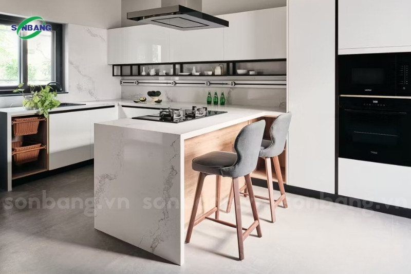 Trang trí nhà bếp bằng tấm PVC Foam phủ vân đá